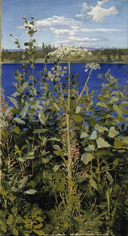 Painting entitled Wild Alexandria by Finnish painter Akseli Gallen-Kallela an invasive weed with a backdrop of blue water and sky