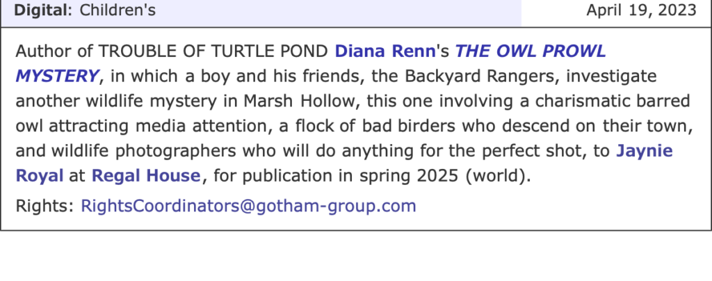 Publisher's Marketplace deal announcement for The Owl Prowl Mystery - screenshot with brief summary