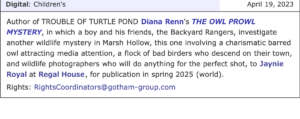 Publisher's Marketplace deal announcement for The Owl Prowl Mystery - screenshot with brief summary